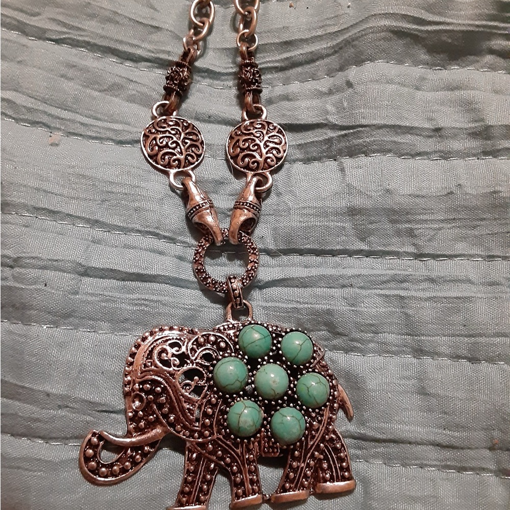 Elephant Pendant Necklace with Turquoise Accents